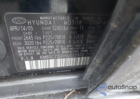 2005 Hyundai Santa Fe Gls from USA, damaged, VIN KM8SC73D05U011972